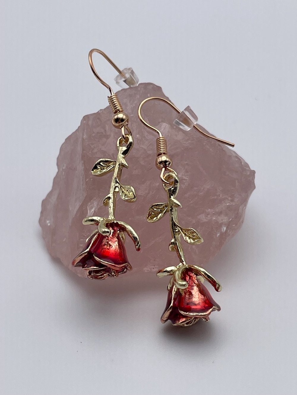 Gold Red Rose Drop Earrings